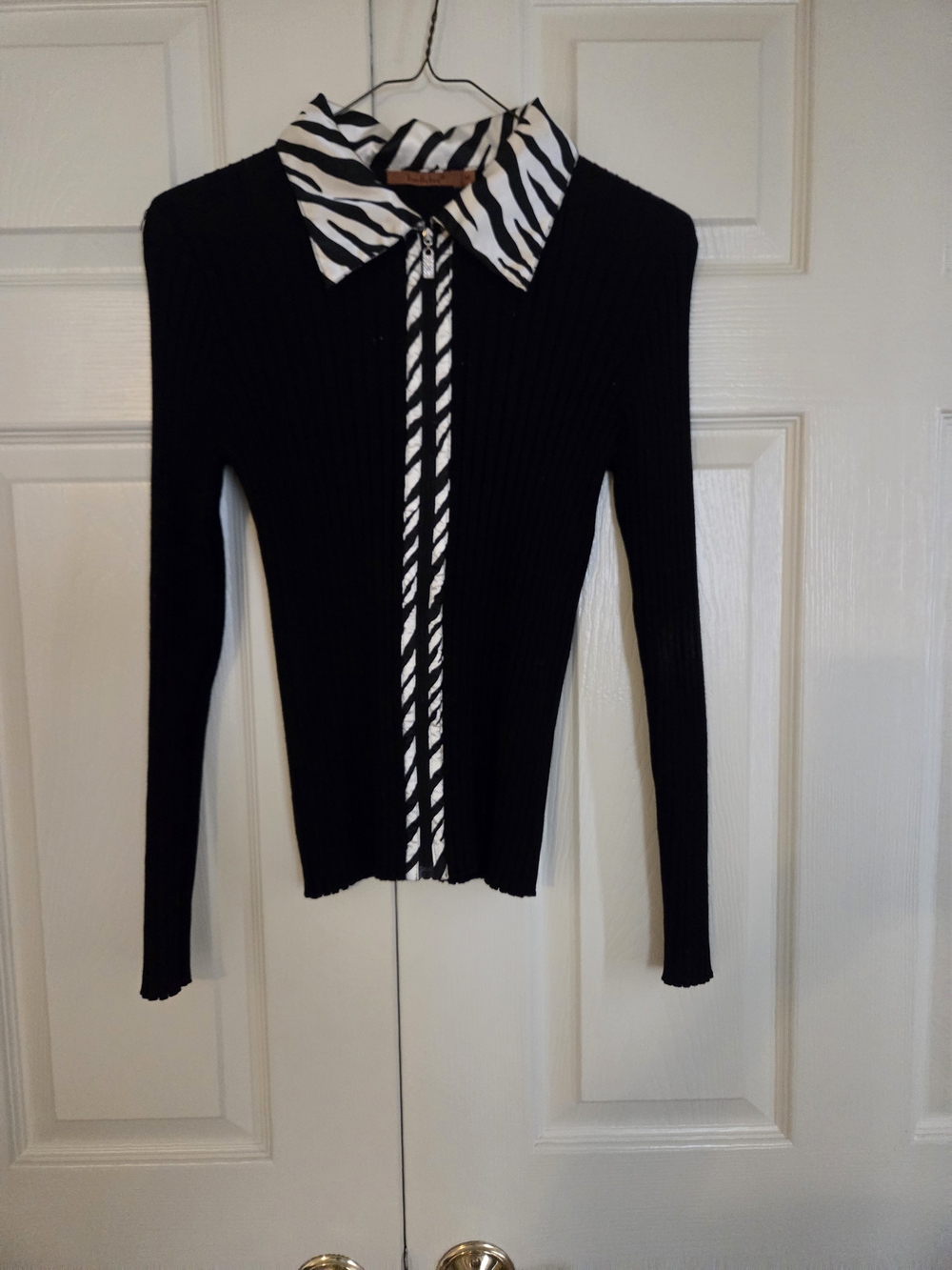 Belldini Black Ribbed Sweater with Black-and-White Zebra Trim - Sz Med